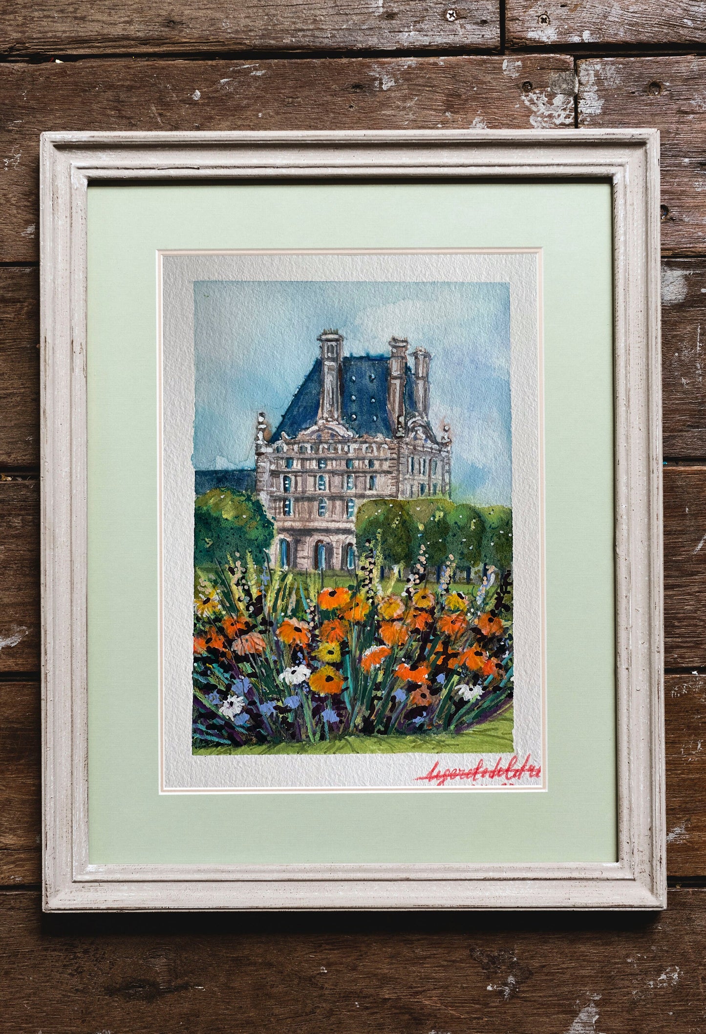 Louvre Autumn Watercolor Painting: Paris Tuileries Garden Art