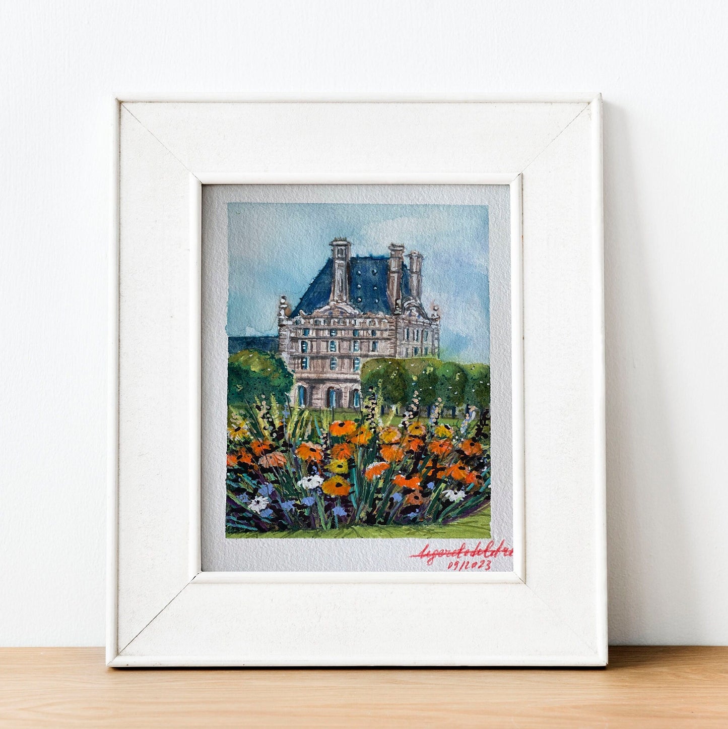 Louvre Autumn Watercolor Painting: Paris Tuileries Garden Art