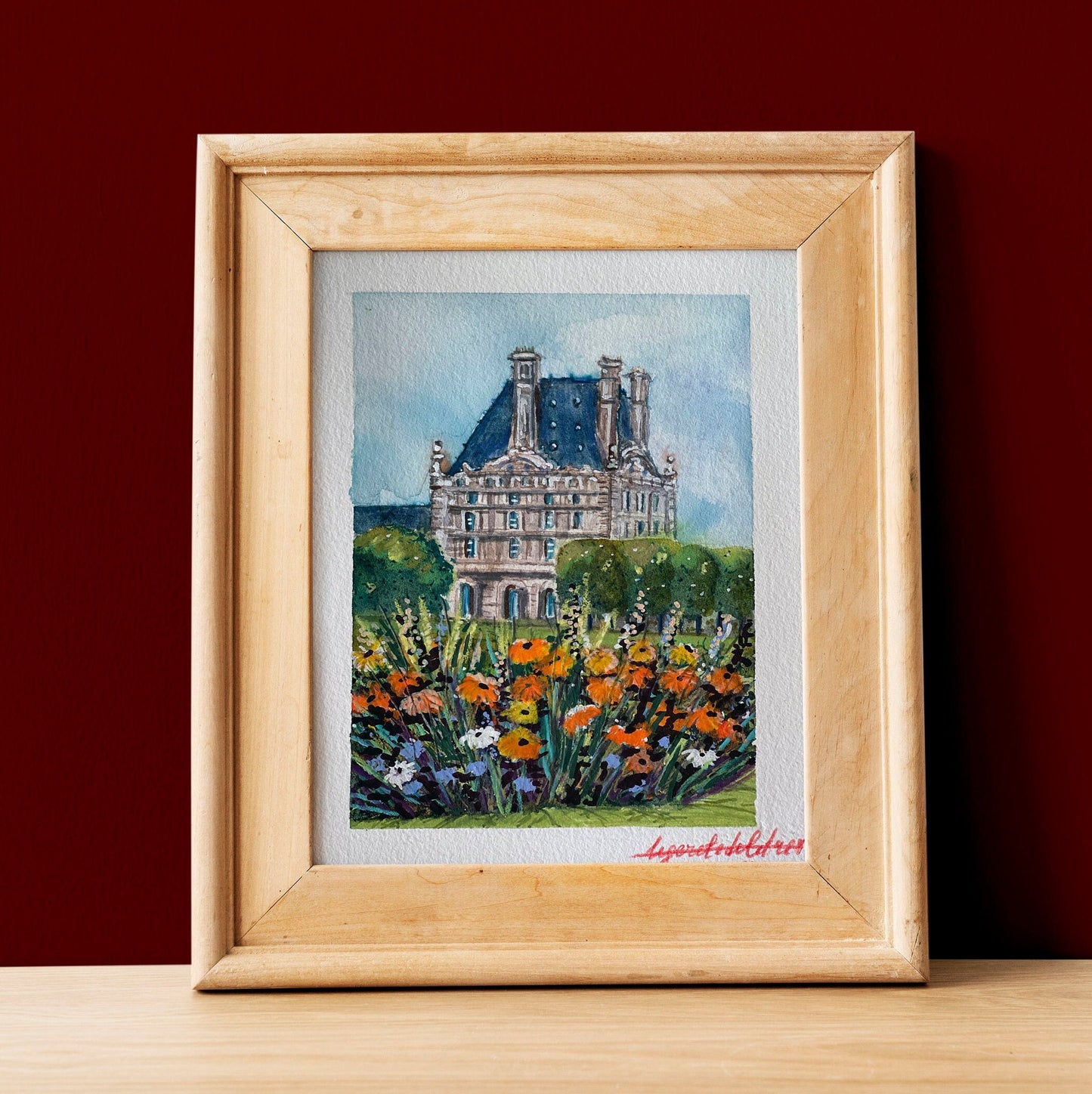 Louvre Autumn Watercolor Painting: Paris Tuileries Garden Art