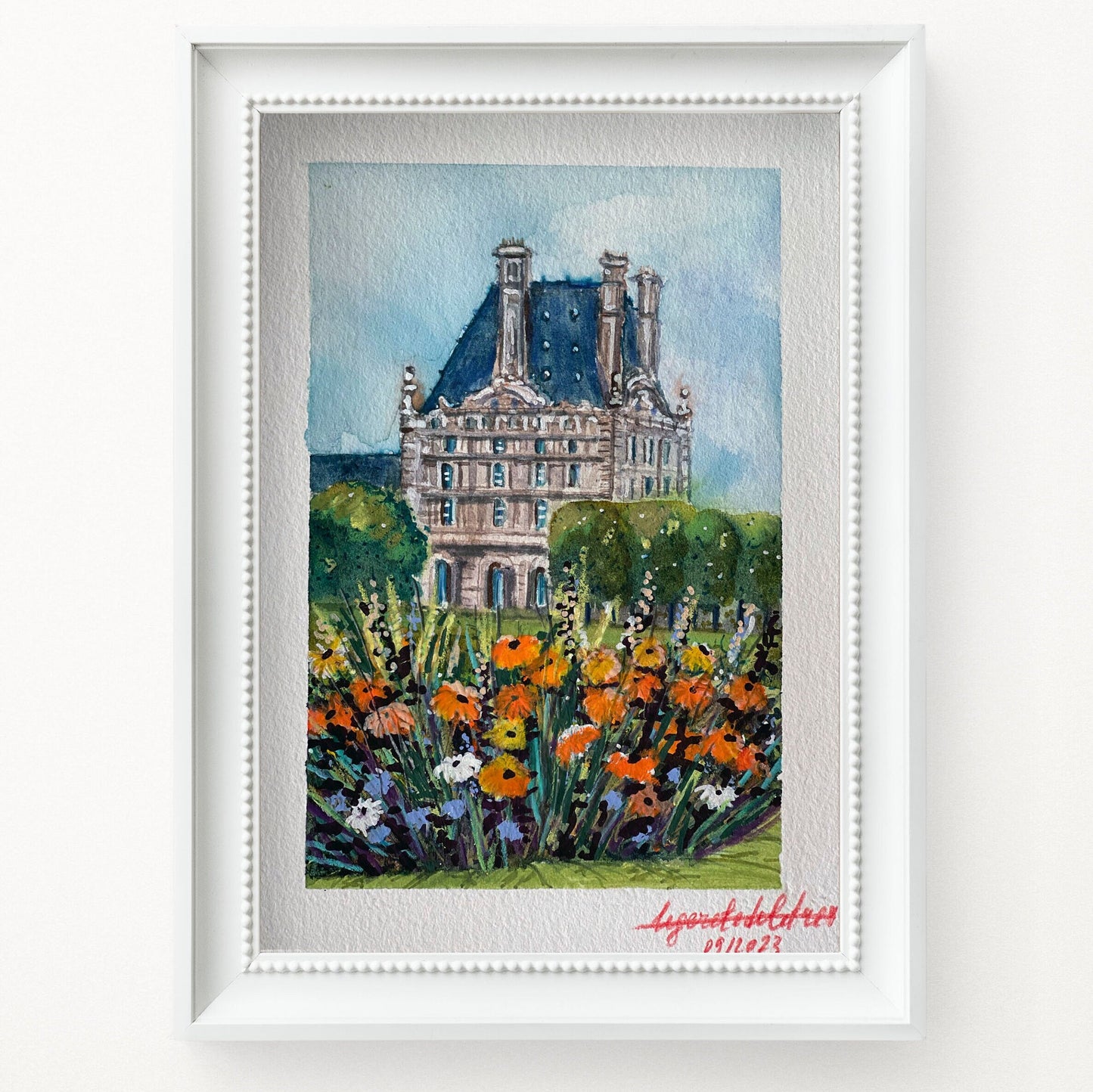 Louvre Autumn Watercolor Painting: Paris Tuileries Garden Art