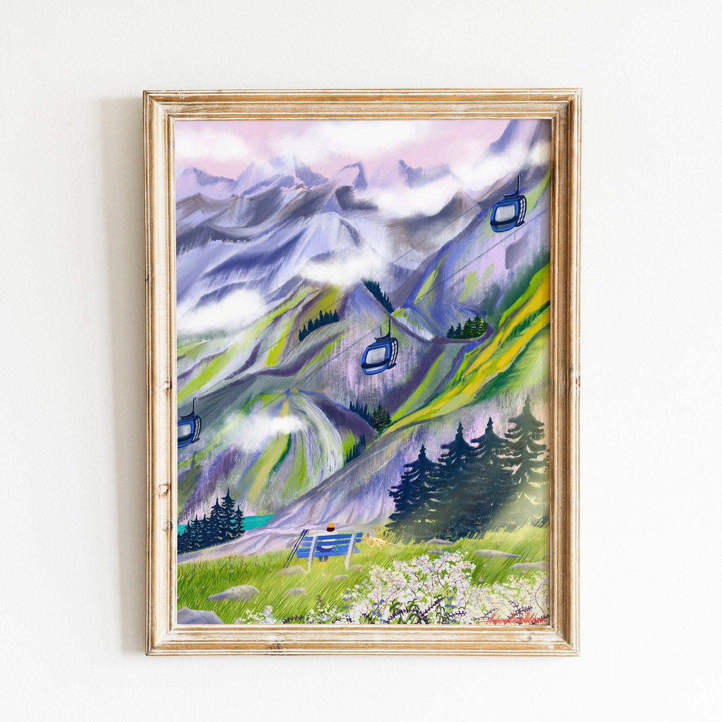 Swiss Alps Art Poster: Mountain Hiking Illustration