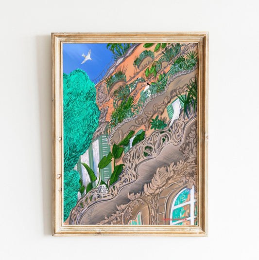 Barcelona Building Art Print: Morning Illustration