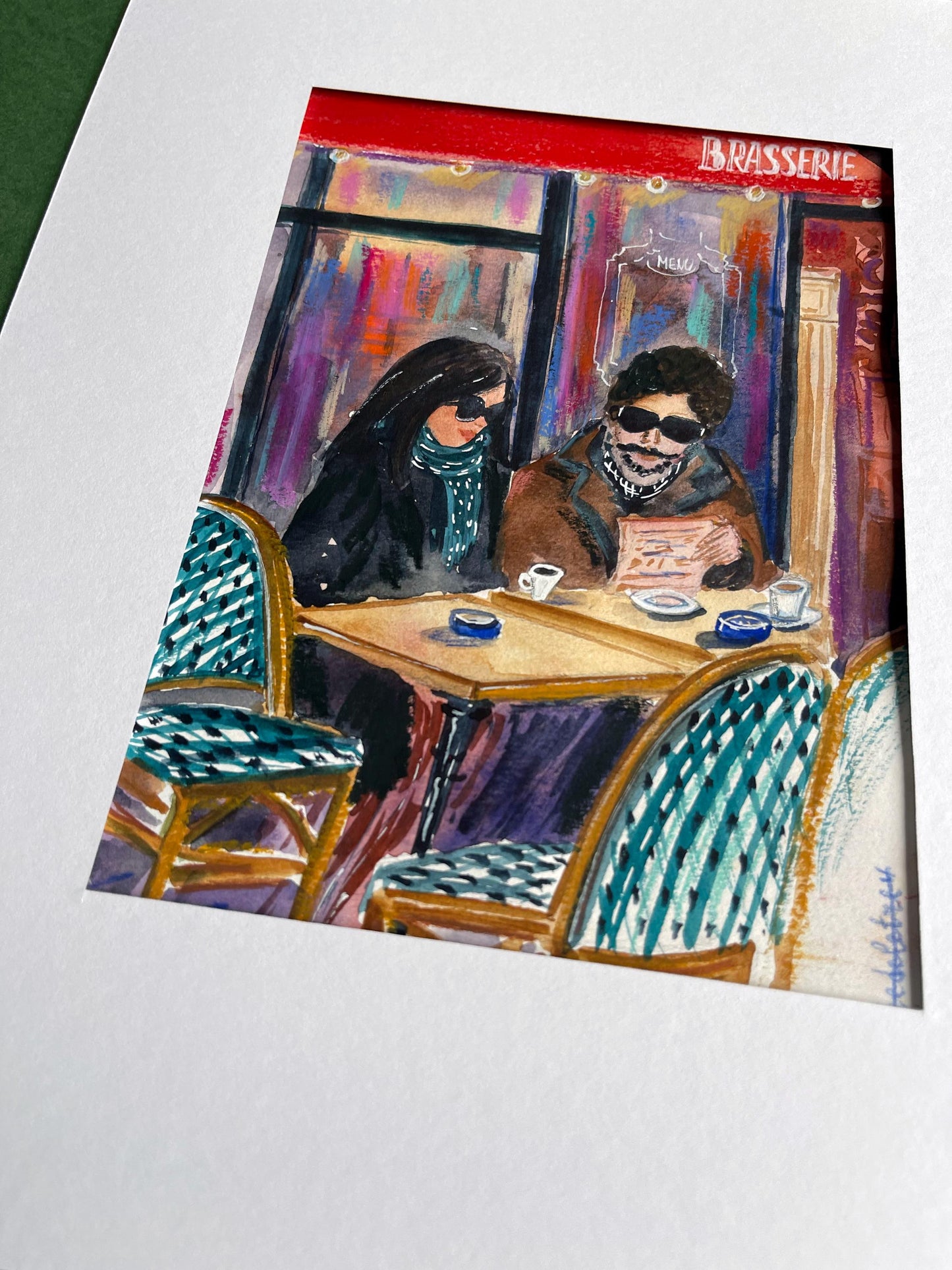 Parisian Cafe Watercolor Sketch: Romantic Couple Artwork