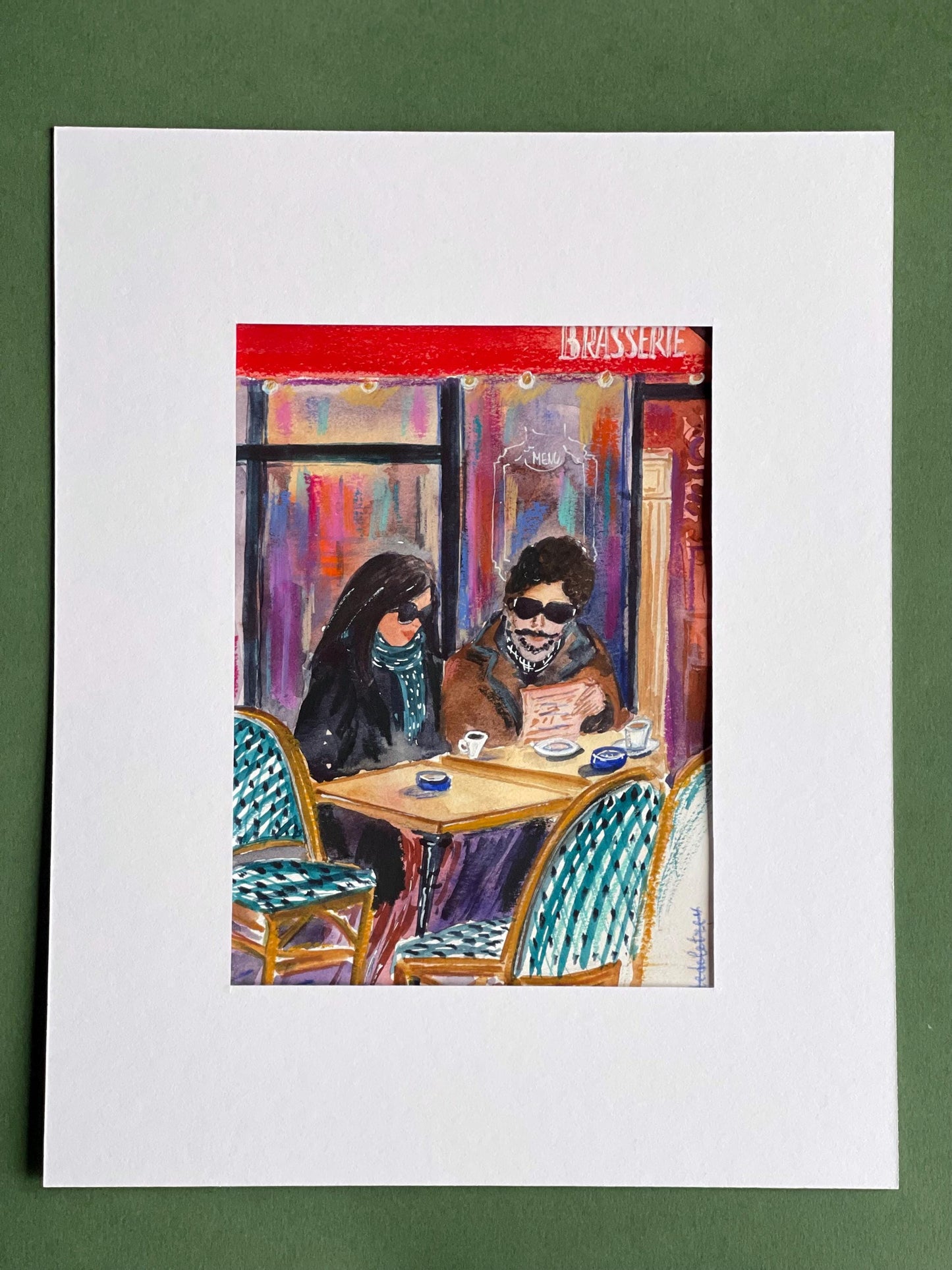Parisian Cafe Watercolor Sketch: Romantic Couple Artwork