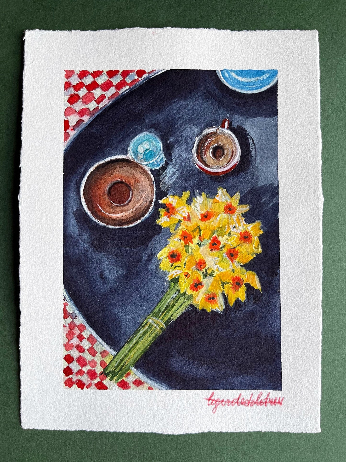 Coffee and flowers tiny watercolour Parisian terrace art