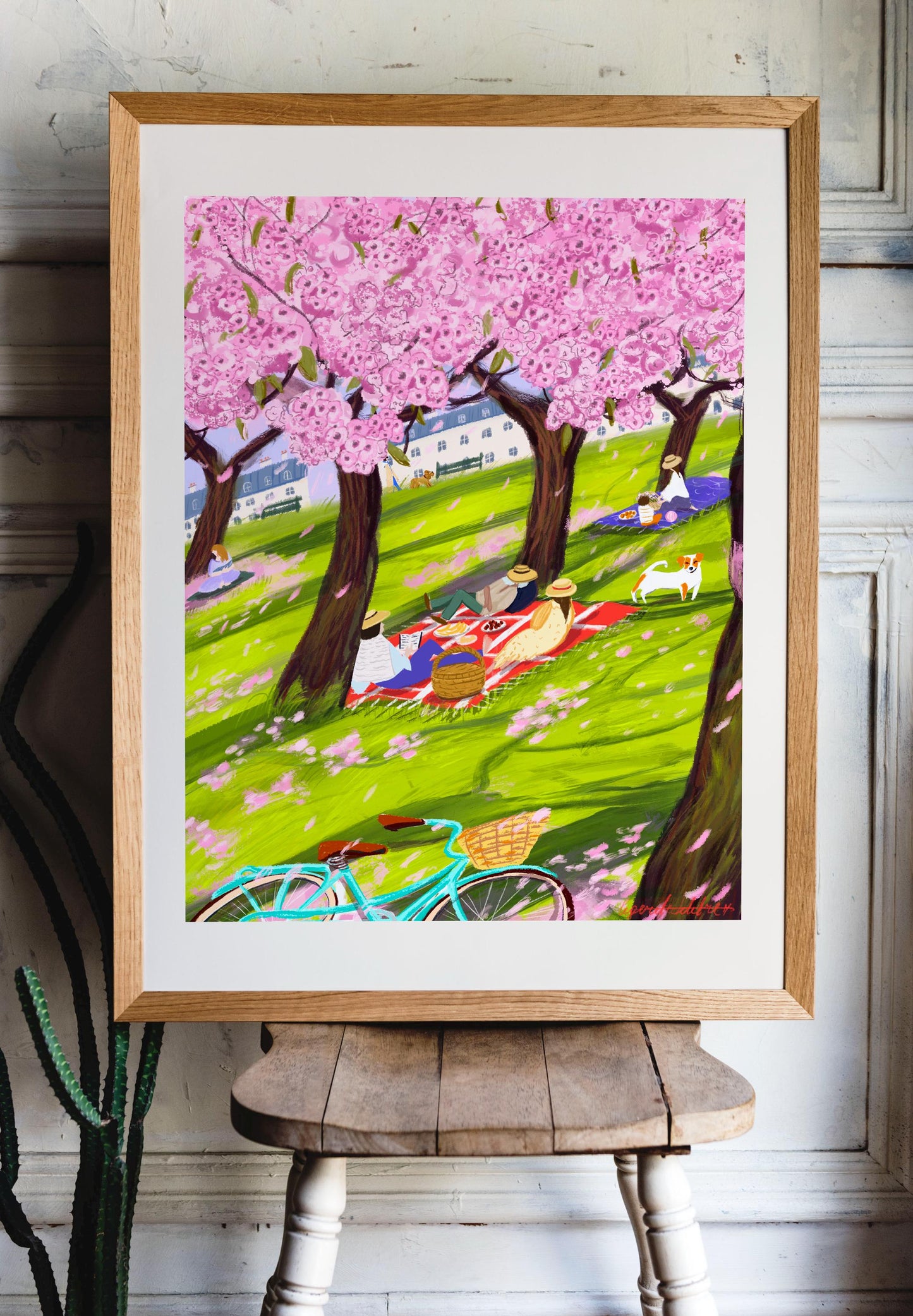 Sakura Spring Picnic Art Poster: Blossom Trees Illustration