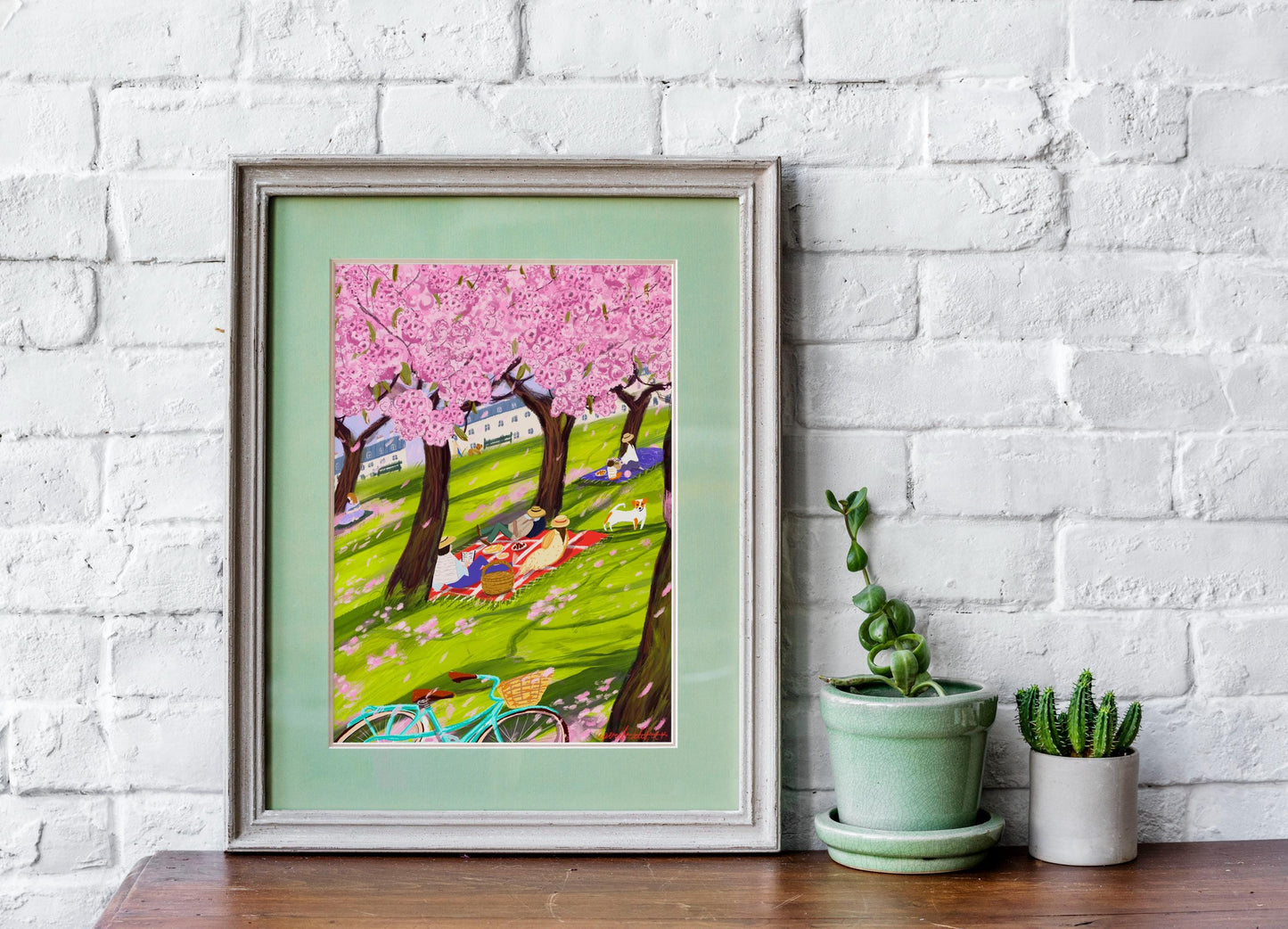 Sakura Spring Picnic Art Poster: Blossom Trees Illustration