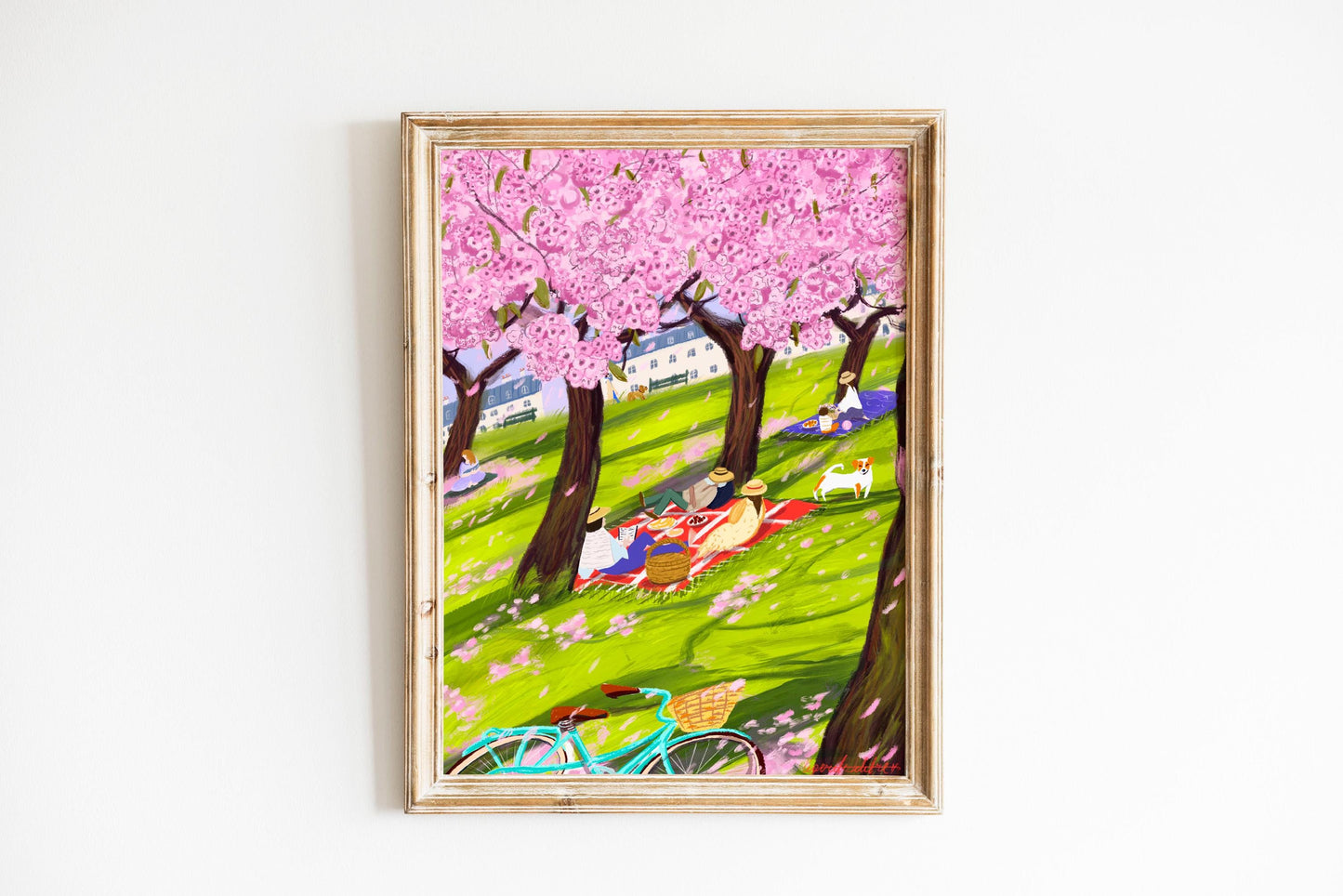 Sakura Spring Picnic Art Poster: Blossom Trees Illustration