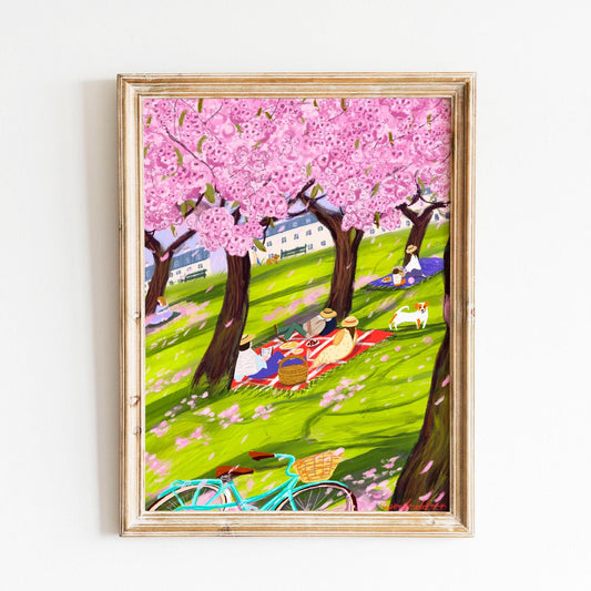 Sakura Spring Picnic Art Poster: Blossom Trees Illustration