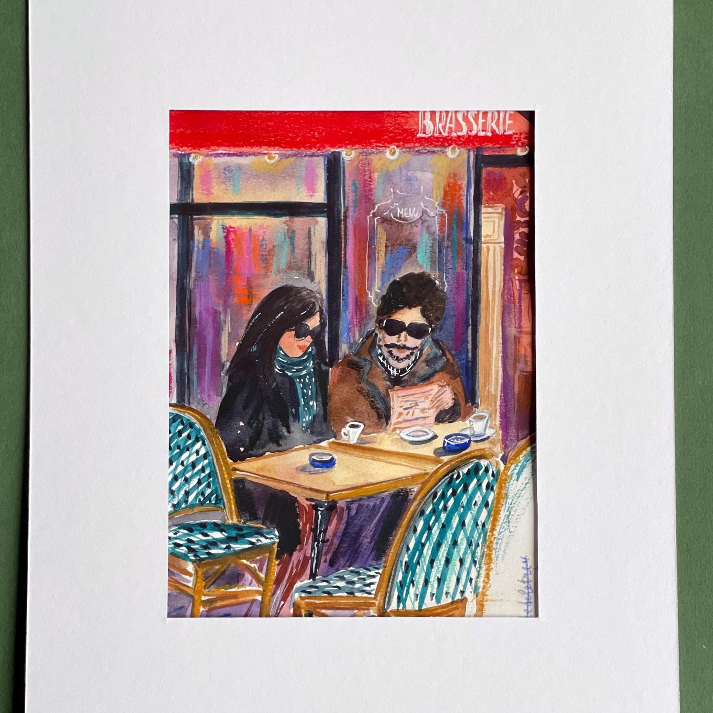 Parisian Cafe Watercolor Sketch: Romantic Couple Artwork