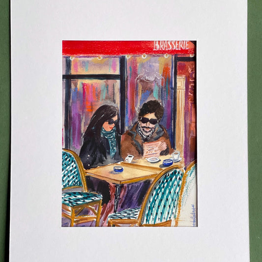 Parisian Cafe Watercolor Sketch: Romantic Couple Artwork