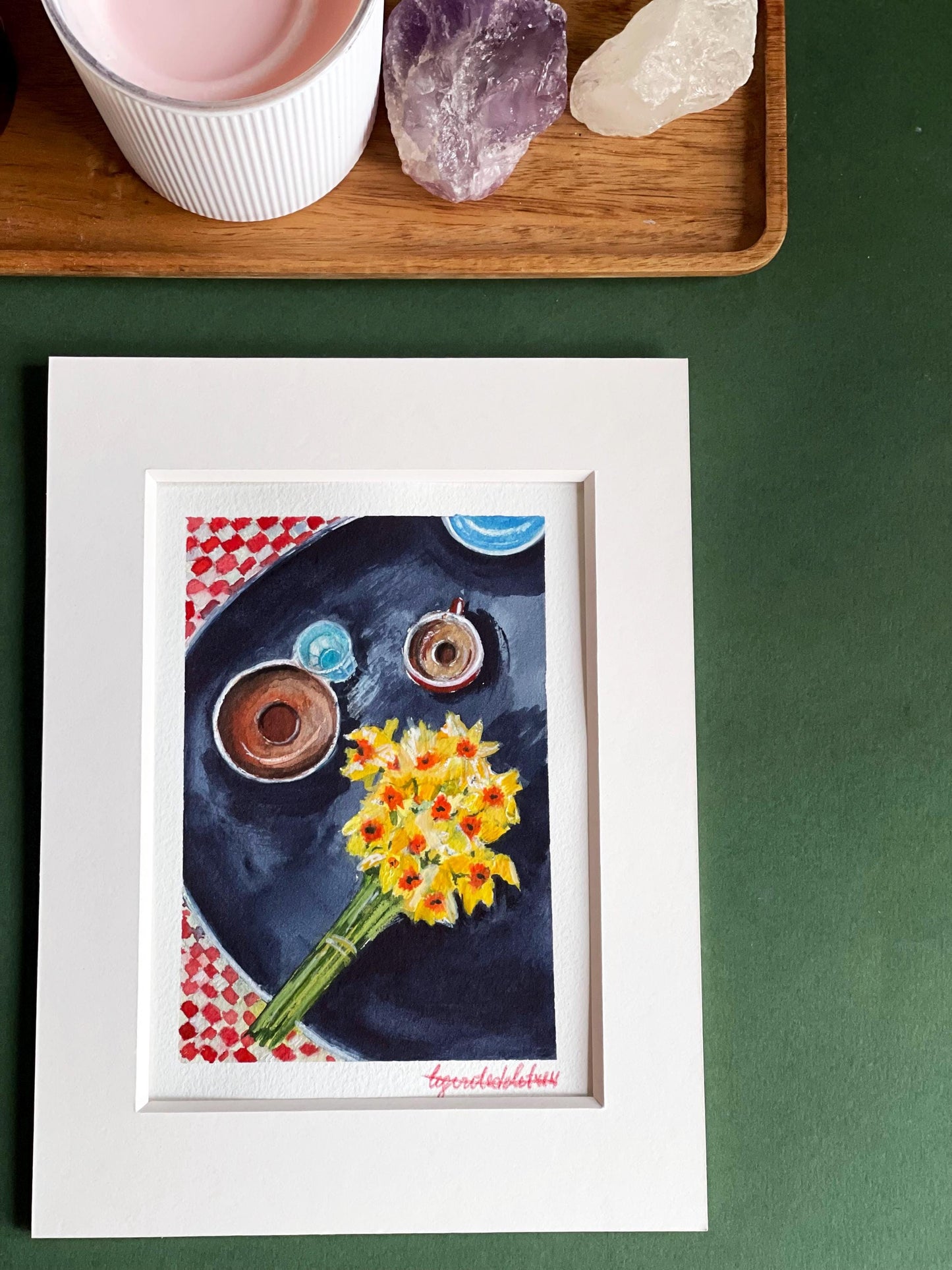 Coffee and flowers tiny watercolour Parisian terrace art