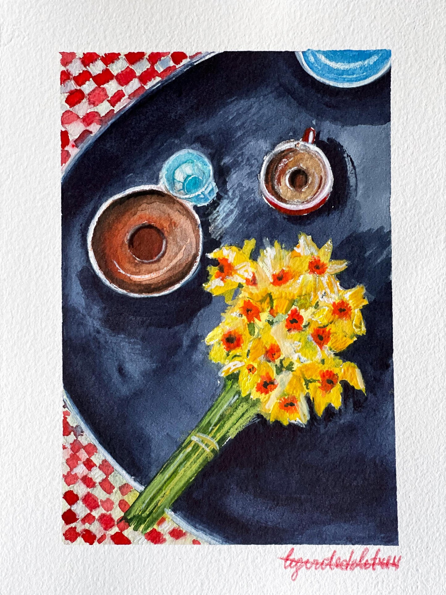 Coffee and flowers tiny watercolour Parisian terrace art
