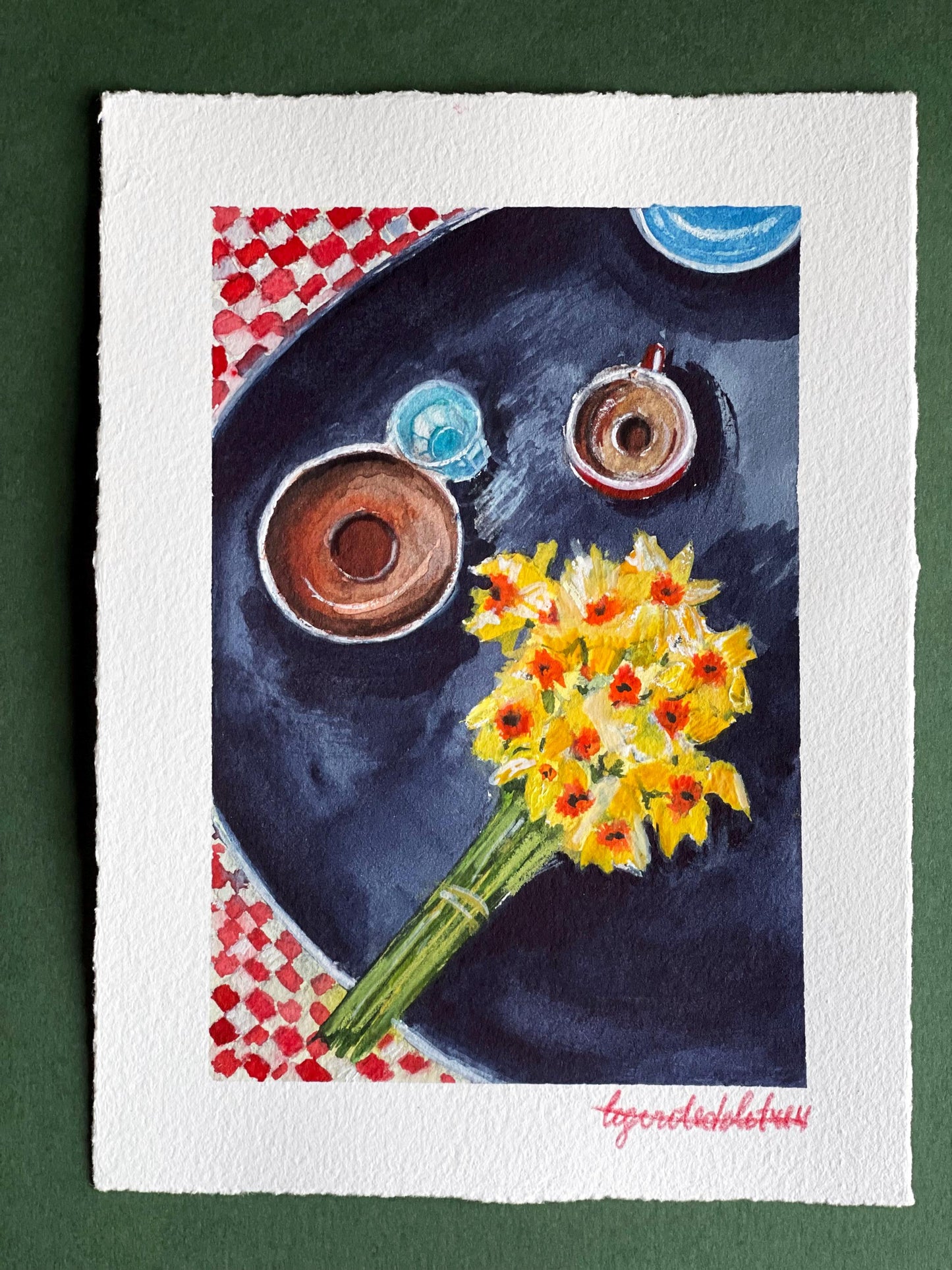 Coffee and flowers tiny watercolour Parisian terrace art