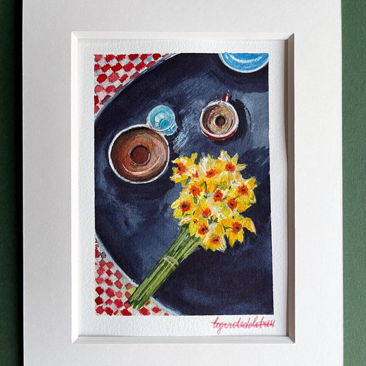 Coffee and flowers tiny watercolour Parisian terrace art