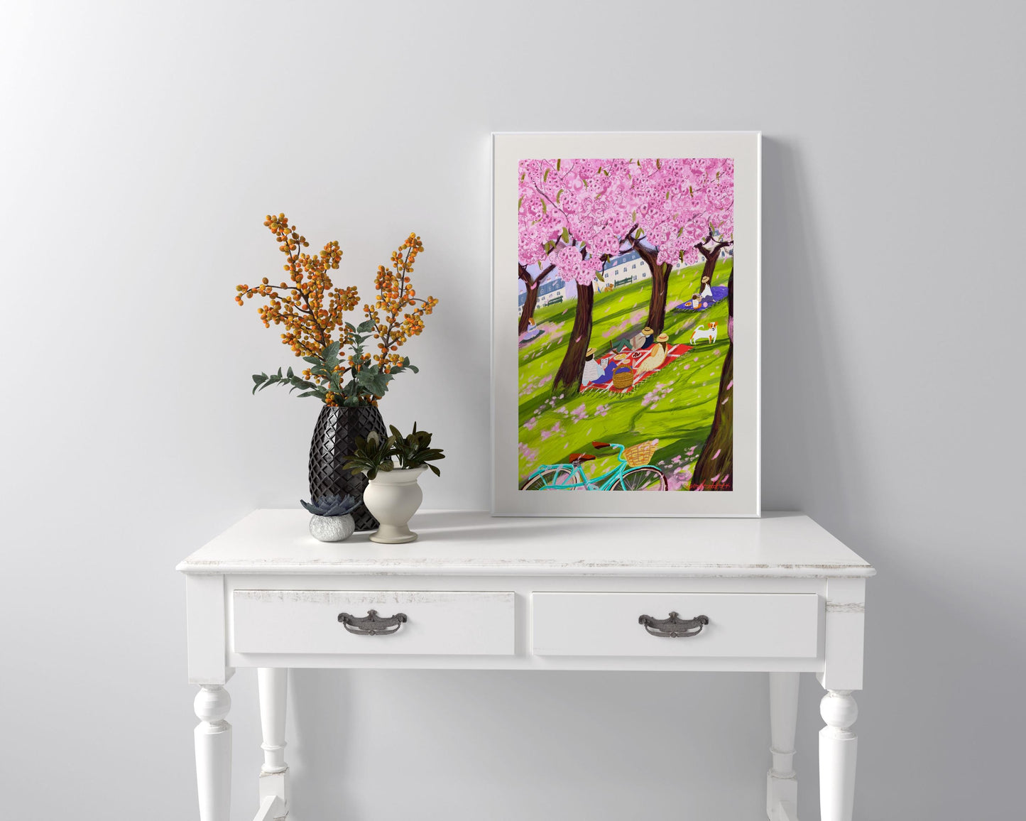 Sakura Spring Picnic Art Poster: Blossom Trees Illustration