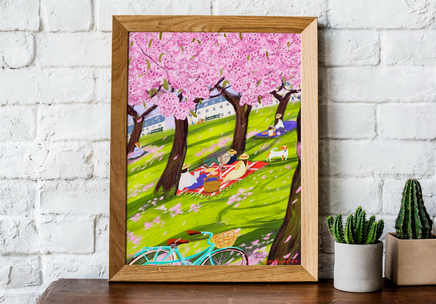 Sakura Spring Picnic Art Poster: Blossom Trees Illustration