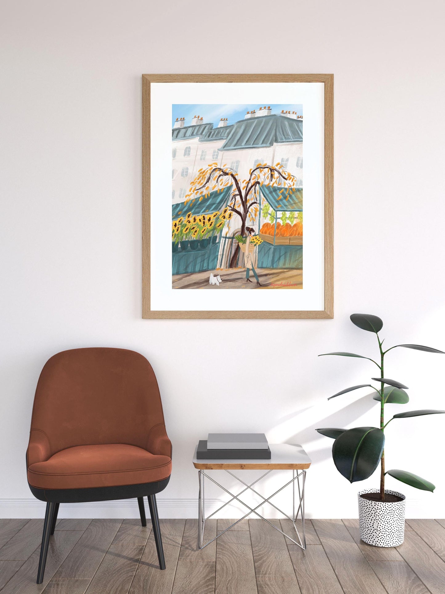 Fall season wall art|Paris autumn market poster -Sunflowers and Pumpkins illustration.Kitchen Wall Decor