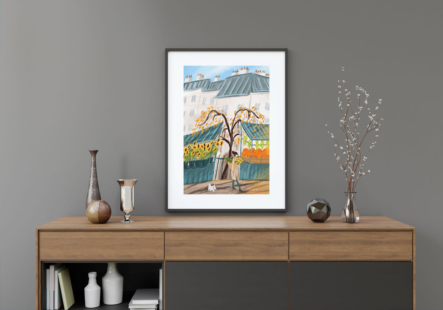 Fall season wall art|Paris autumn market poster -Sunflowers and Pumpkins illustration.Kitchen Wall Decor