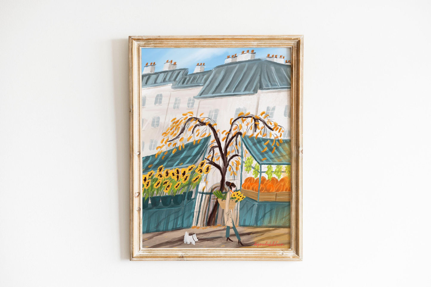 Fall season wall art|Paris autumn market poster -Sunflowers and Pumpkins illustration.Kitchen Wall Decor