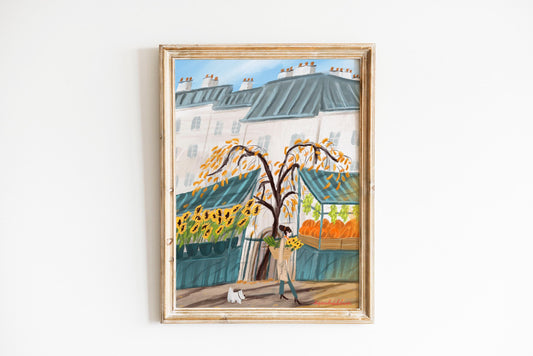 Fall season wall art|Paris autumn market poster -Sunflowers and Pumpkins illustration.Kitchen Wall Decor