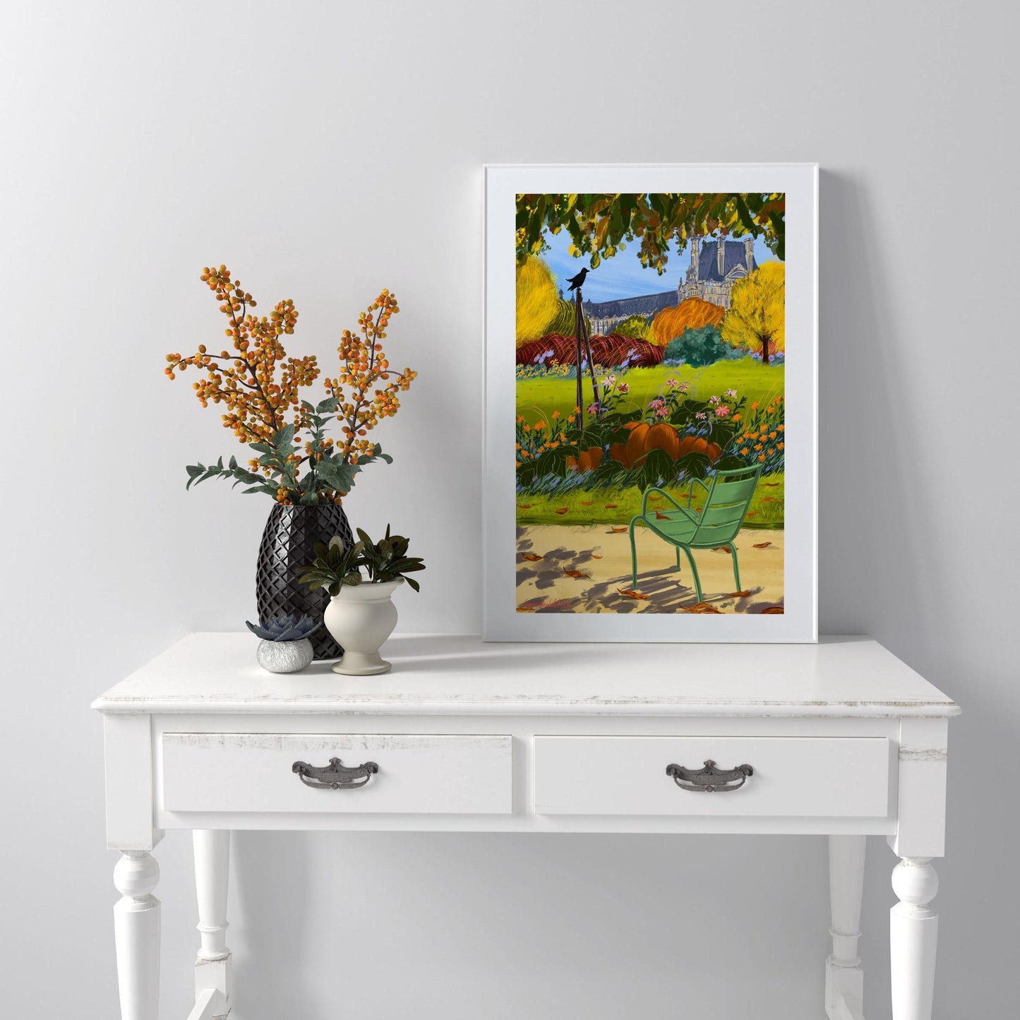 Autumn Poster Paris |Tuileries Garden:Crown and Pumpkin illustration|Fall season Paris Wall Art| A3 A4 sizes| Autumn memory from Paris