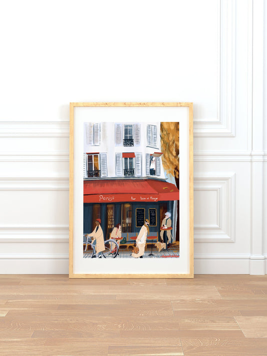 Paris Cafe Art Print: French Trench Coat Fashion Illustration