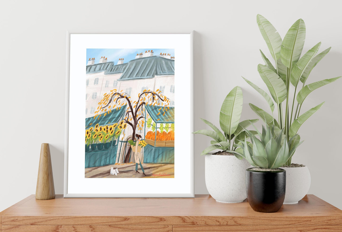 Fall season wall art|Paris autumn market poster -Sunflowers and Pumpkins illustration.Kitchen Wall Decor
