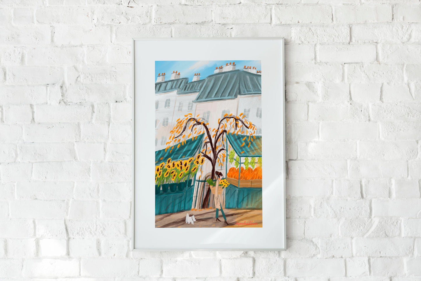 Fall season wall art|Paris autumn market poster -Sunflowers and Pumpkins illustration.Kitchen Wall Decor