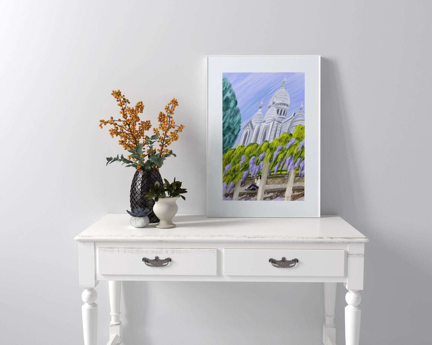 Sacre-Coeur and Wisteria Blossom Wall Art| Montmartre Poster| Paris spring illustration| French home decor  Gift