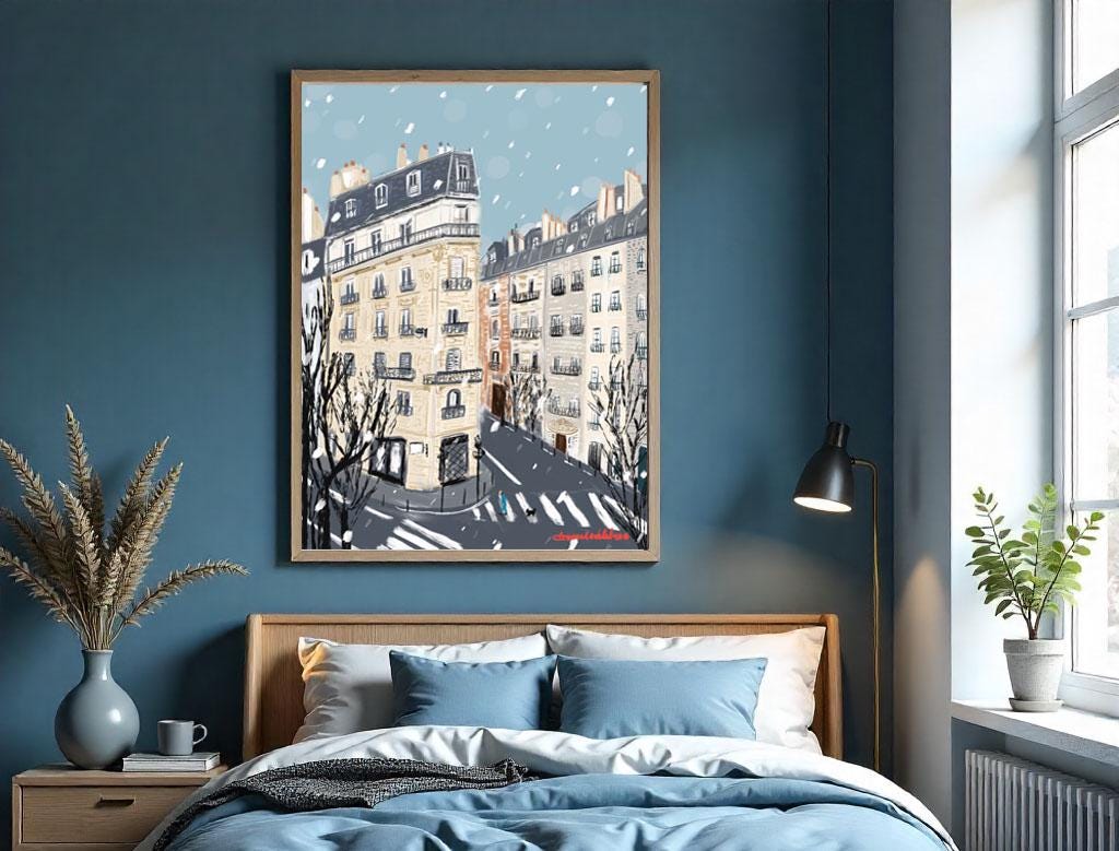 Paris Winter Street Scene Illustration: January in Paris Wall art