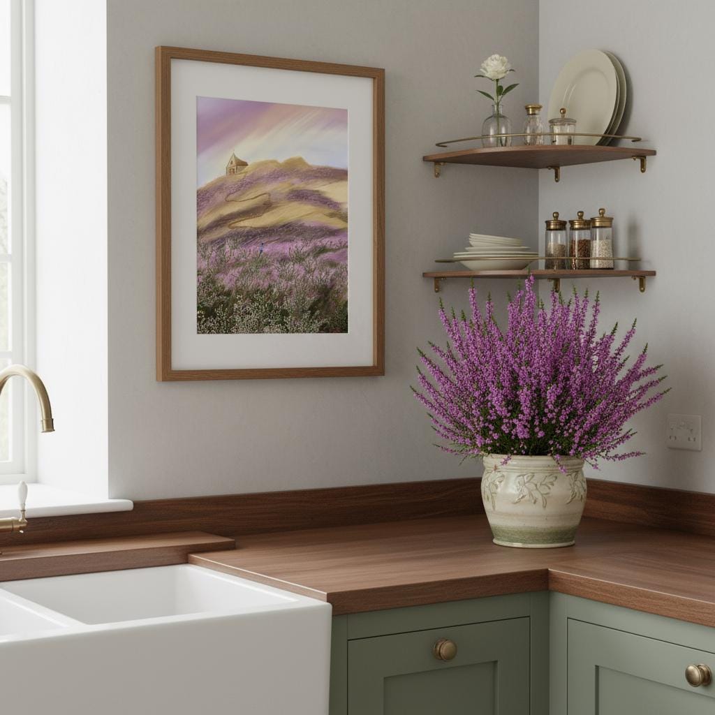 Heather Field Art Print: Church on Hill Illustration, Kitchen Wall art , Botanical art poster