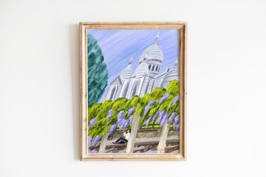 Sacre-Coeur and Wisteria Blossom Wall Art| Montmartre Poster| Paris spring illustration| French home decor  Gift