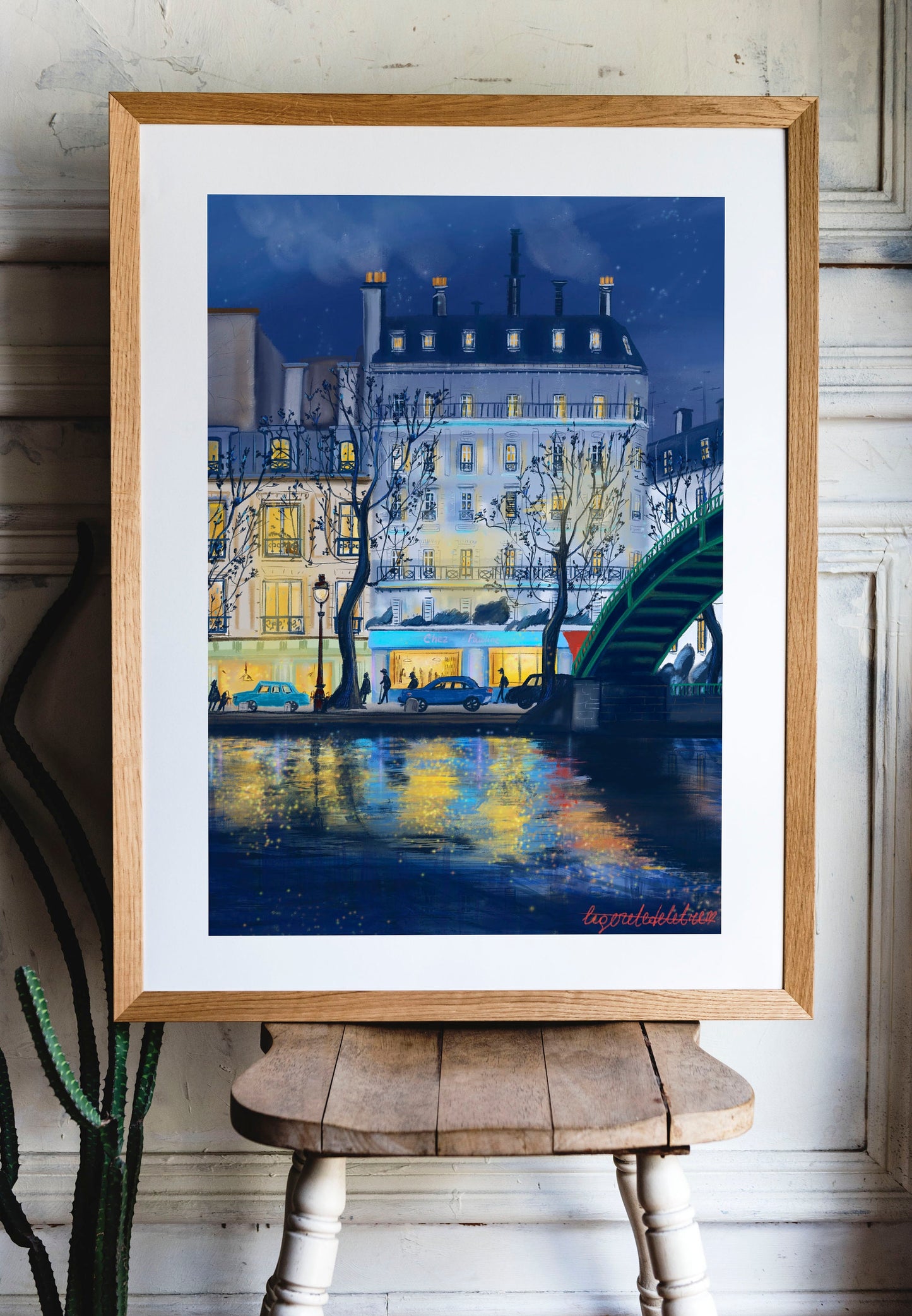 Canal Saint-Martin Night Art Poster: Romantic Blue Night in Paris.Paris memory gift.Autumn wall Decor.Cozy home decor.