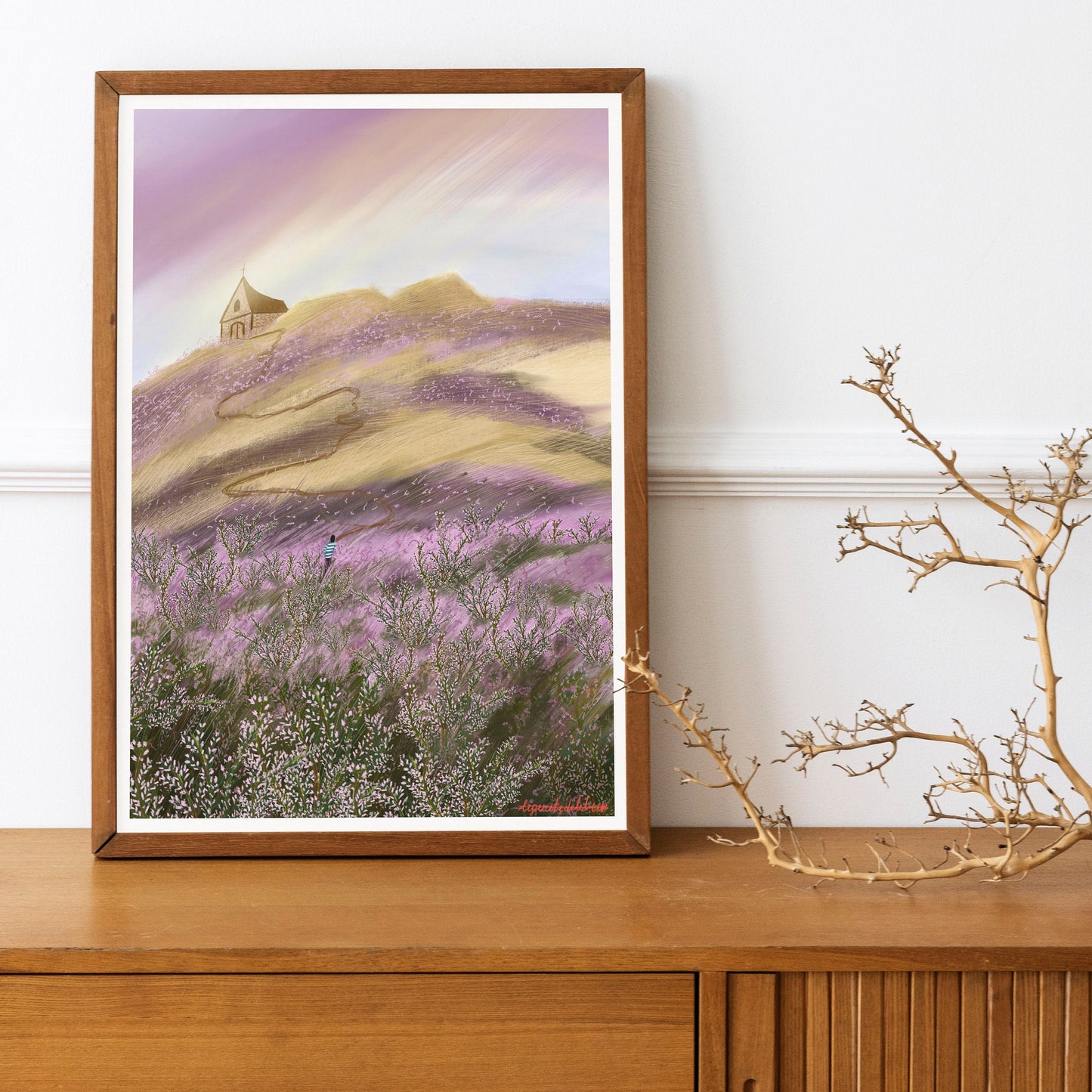 Heather Field Art Print: Church on Hill Illustration, Kitchen Wall art , Botanical art poster