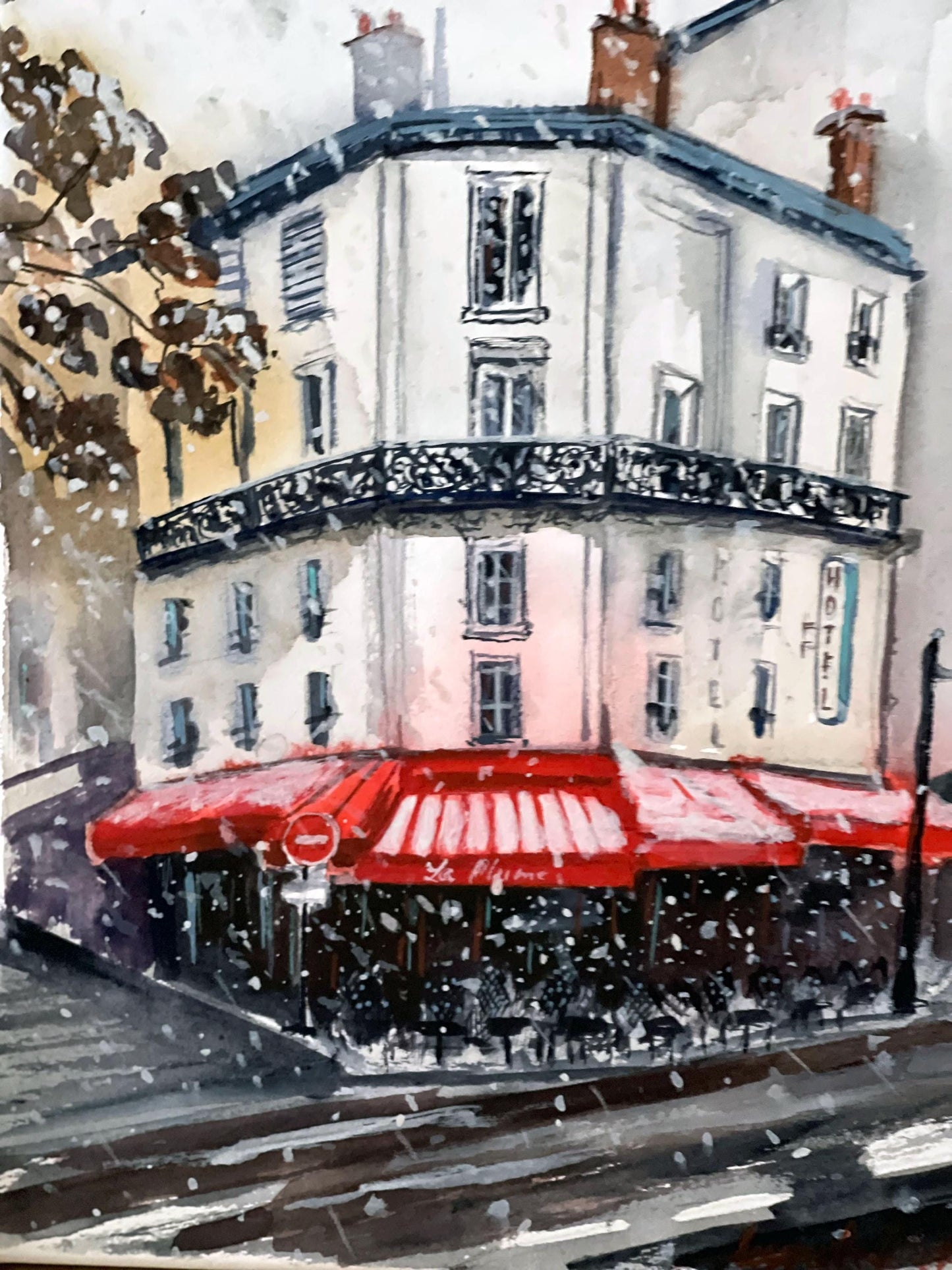 Snow in Paris Original Watercolor Artwork|First snow in the city watercolor painting