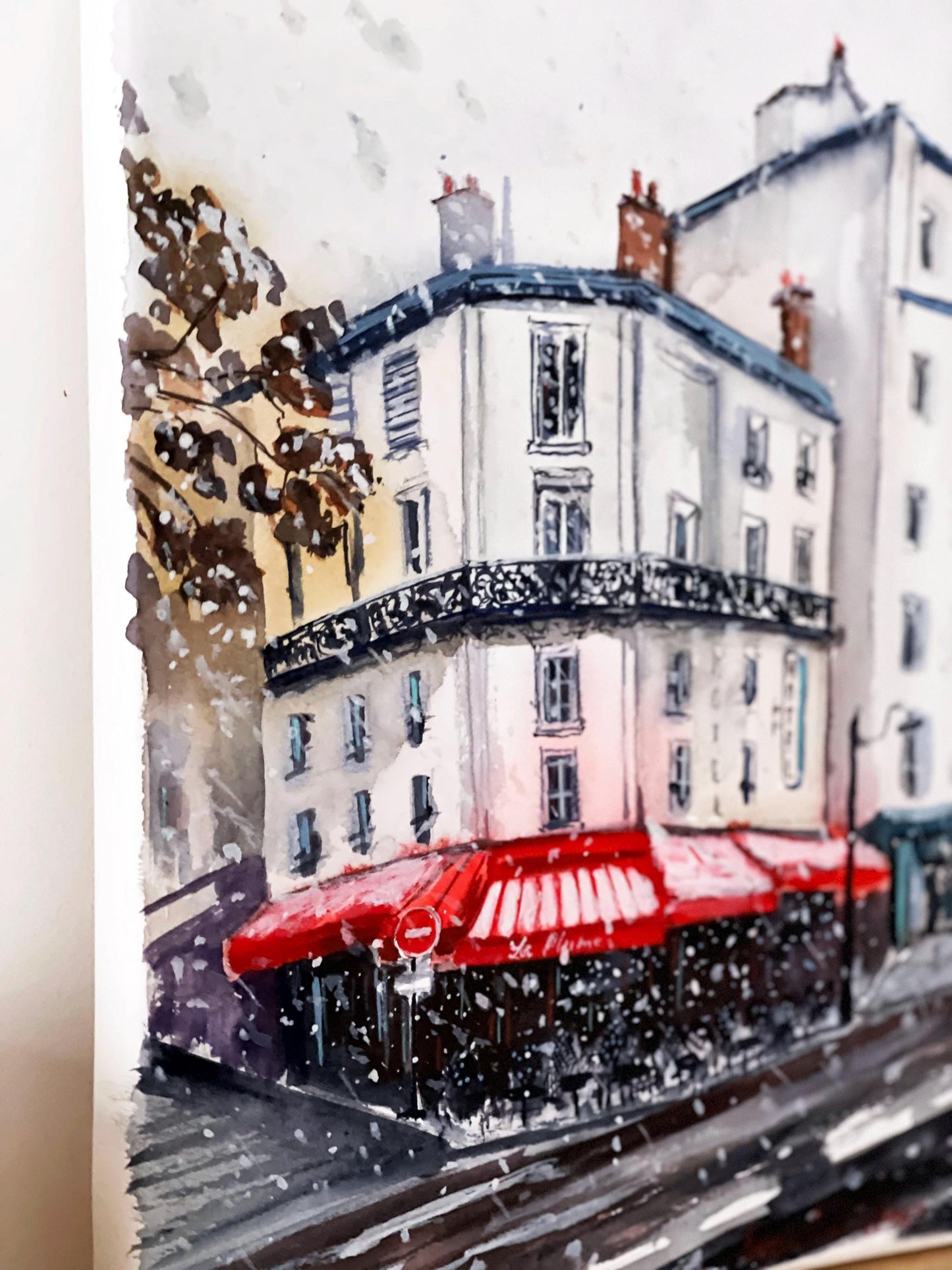 Snow in Paris Original Watercolor Artwork|First snow in the city watercolor painting