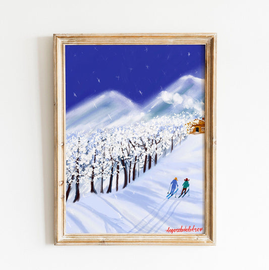 Christmas Skiers Print: Snowy Mountain Landscape Art (Digital Illustration)