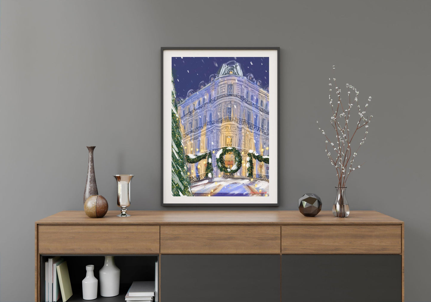 Christmas night in Paris art poster |Winter holiday in Paris wall art | French architecture art print