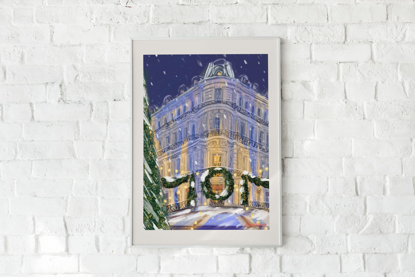 Christmas night in Paris art poster |Winter holiday in Paris wall art | French architecture art print