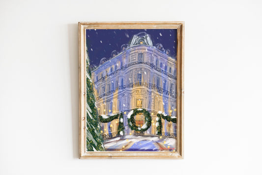 Christmas night in Paris art poster |Winter holiday in Paris wall art | French architecture art print