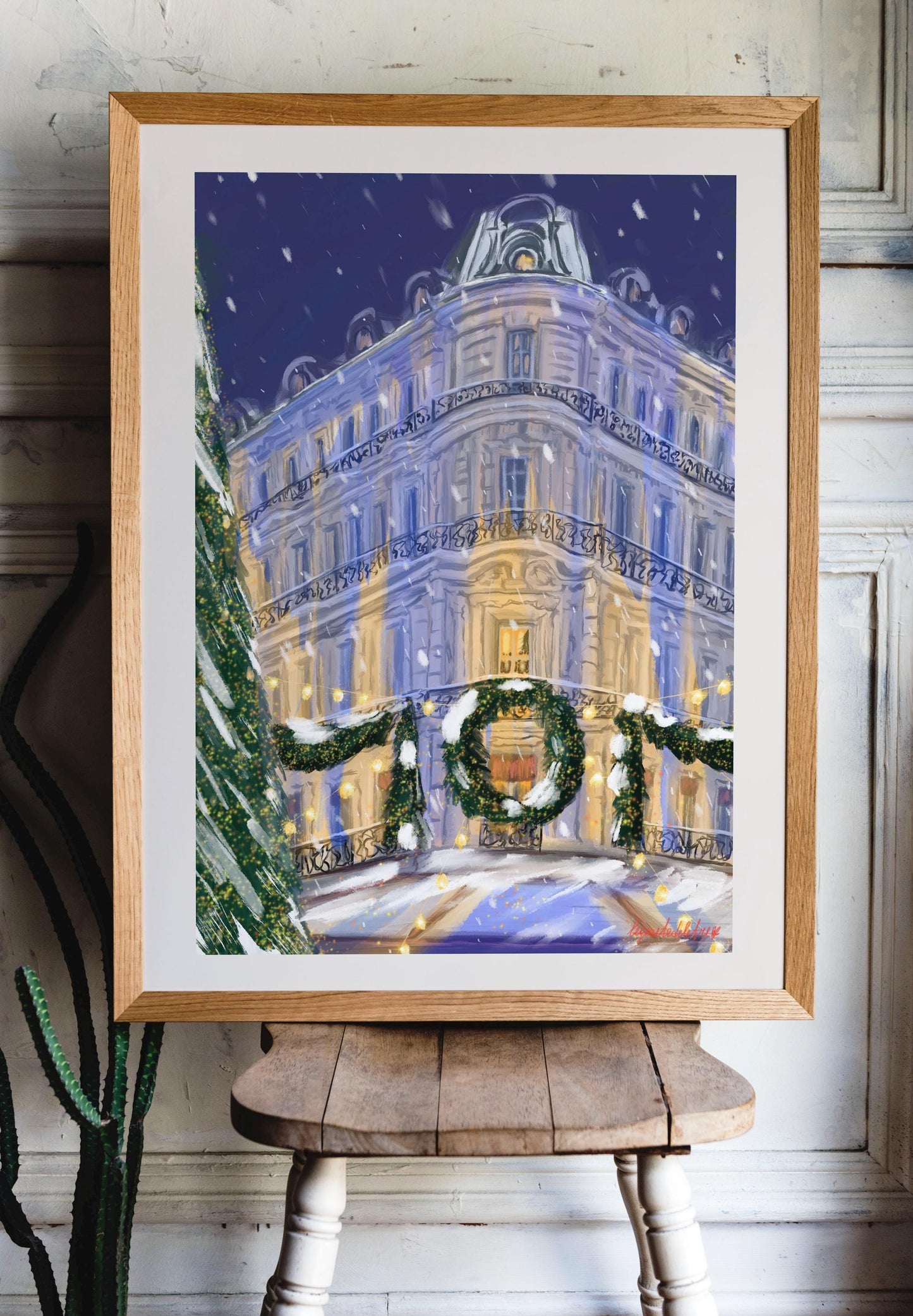 Christmas night in Paris art poster |Winter holiday in Paris wall art | French architecture art print
