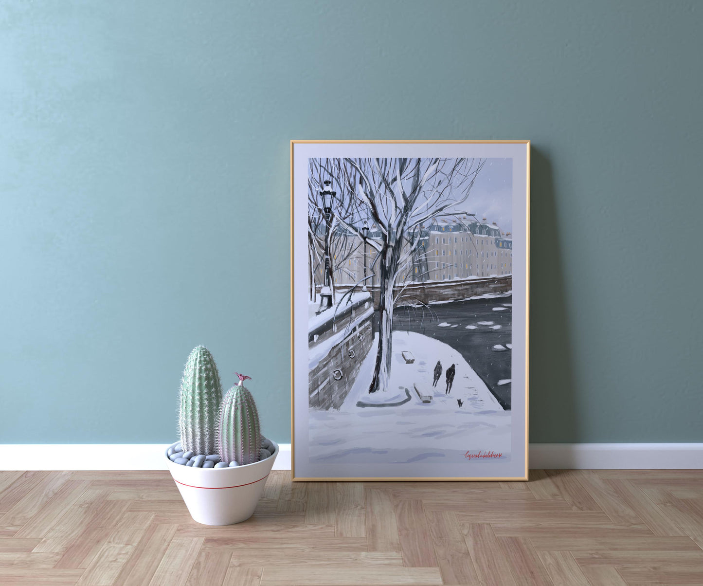The Seine under the snow art poster| Snow winter in Paris illustration |Winter Paris wall art