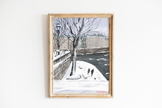 The Seine under the snow art poster| Snow winter in Paris illustration |Winter Paris wall art