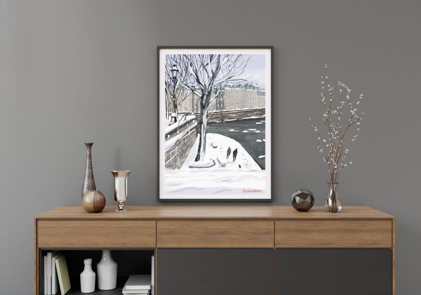 The Seine under the snow art poster| Snow winter in Paris illustration |Winter Paris wall art