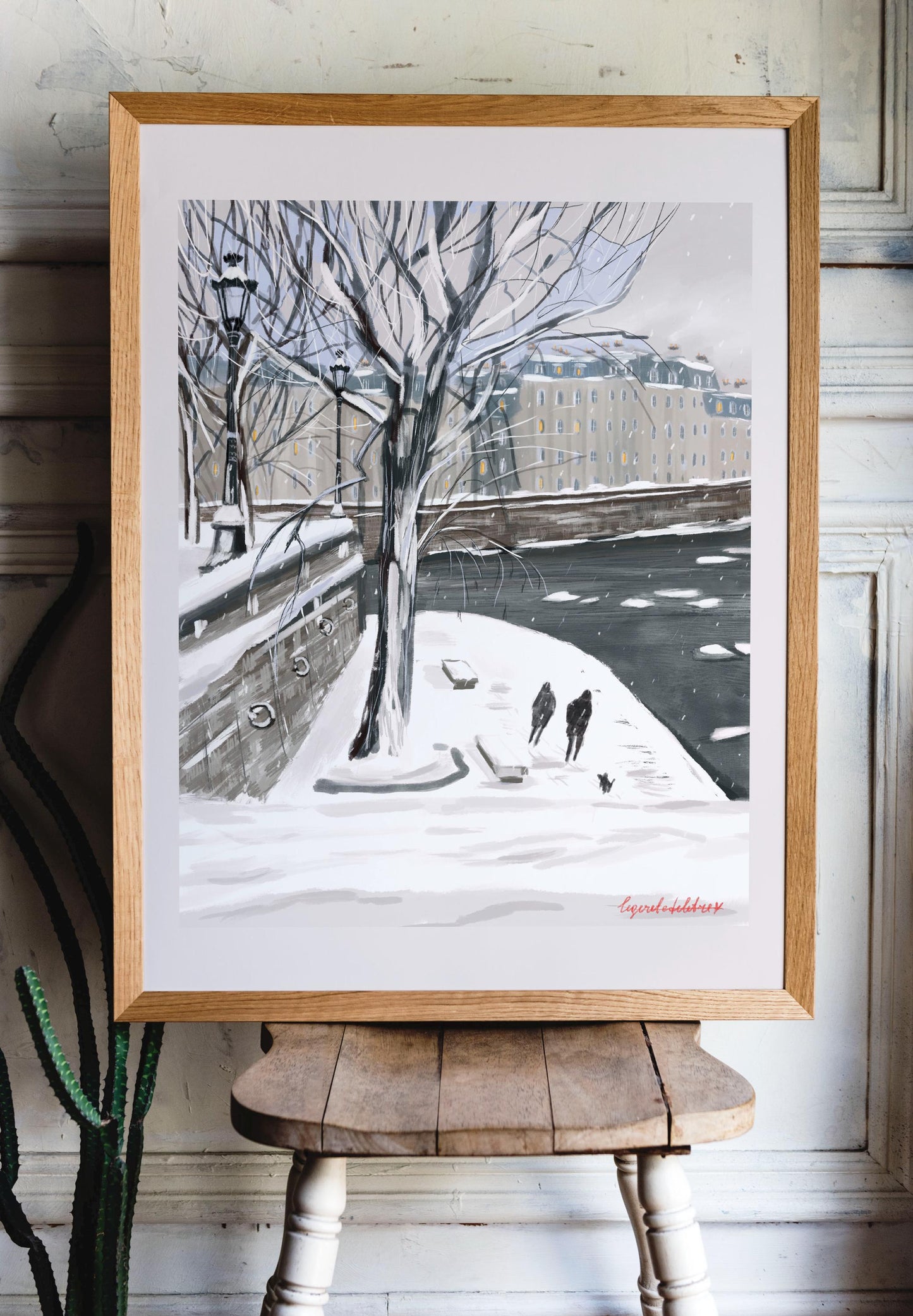 The Seine under the snow art poster| Snow winter in Paris illustration |Winter Paris wall art