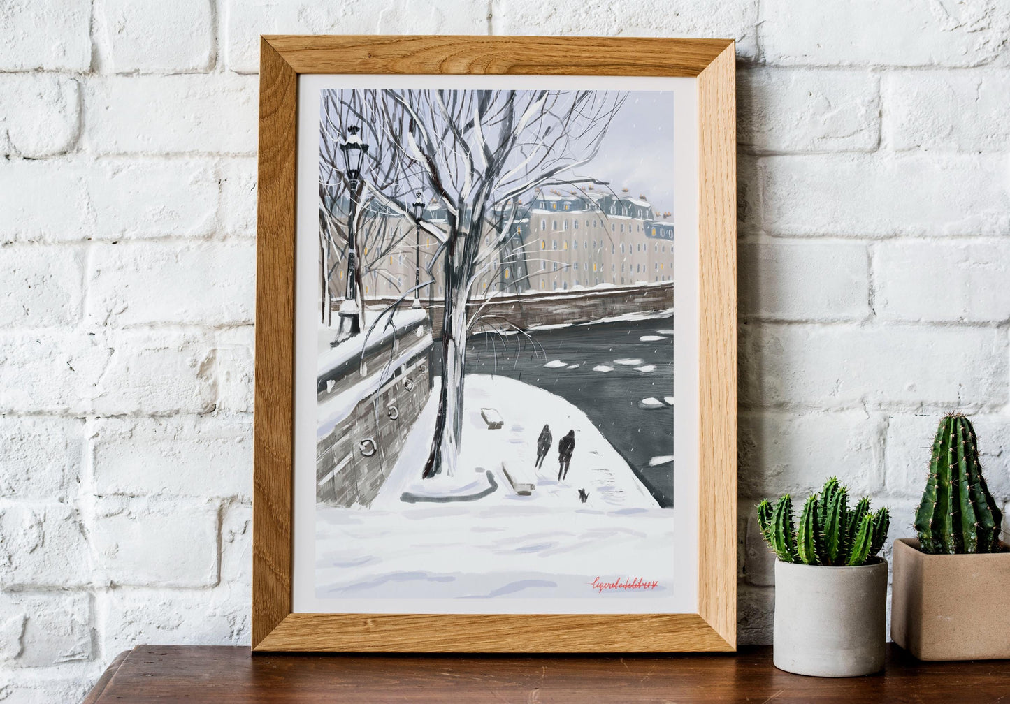 The Seine under the snow art poster| Snow winter in Paris illustration |Winter Paris wall art