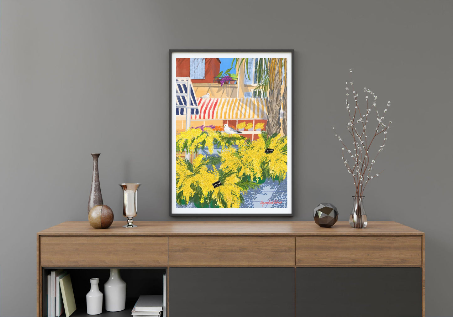 Mimosa Flowers in the Flower Market of Nice| Nice Flower market art poster | Mimosa art print|French Riviera art