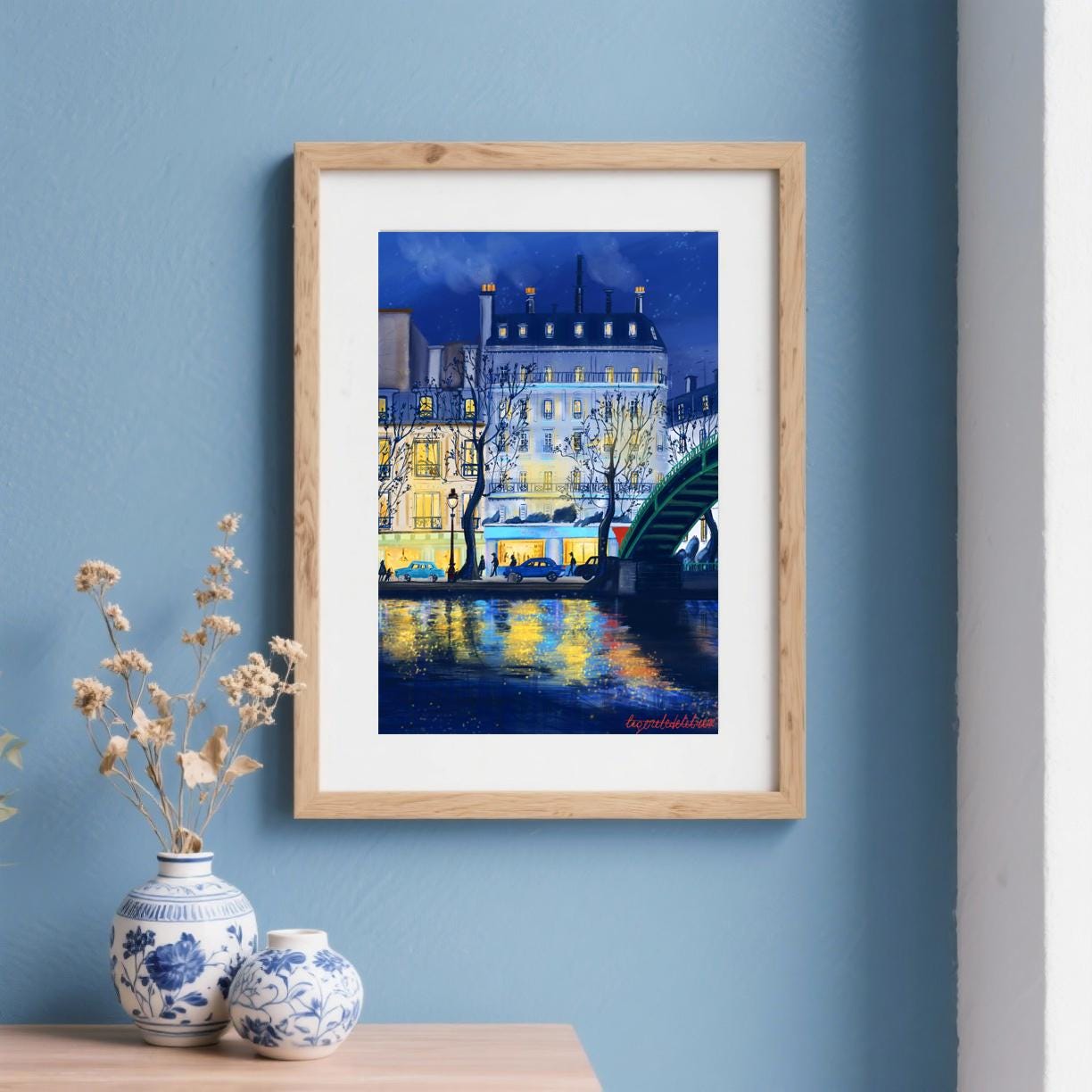 Canal Saint-Martin Night Art Poster: Romantic Blue Night in Paris.Paris memory gift.Autumn wall Decor.Cozy home decor.
