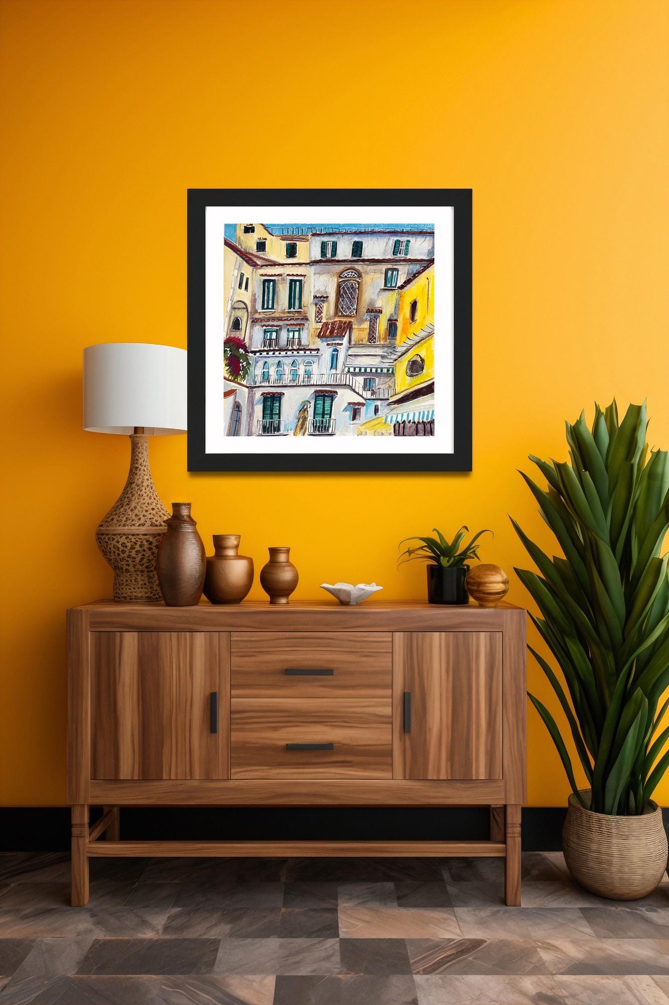 Amalfi Architecture Square Poster |Italian Wall Art |Amalfi Coast Watercolor Print |Amalfi Gift Idea